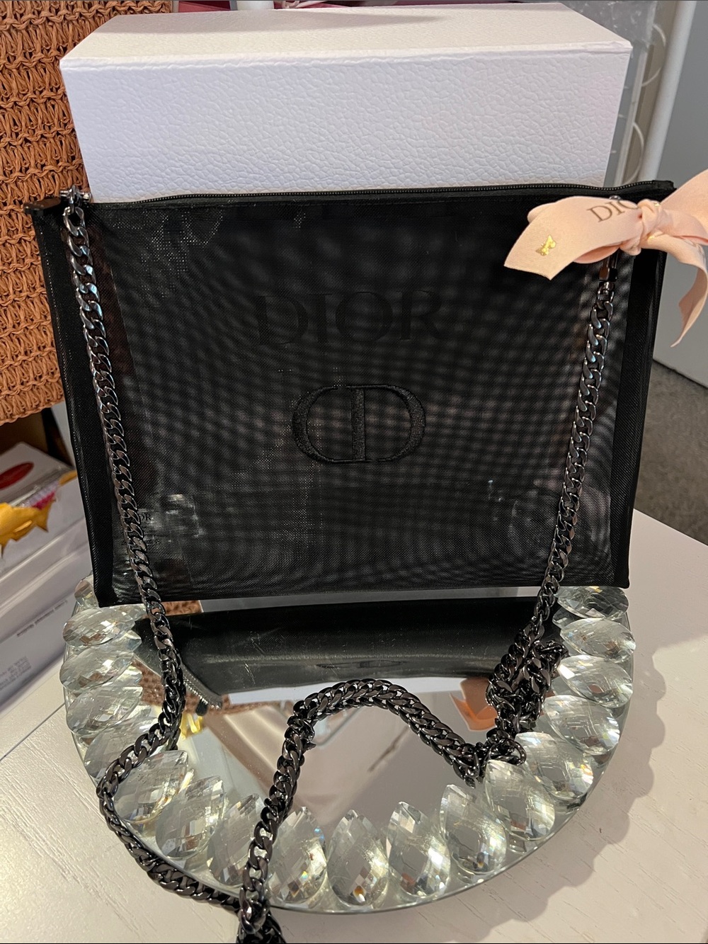 Dior Black Mesh Shoulder Tote with Chain Straps